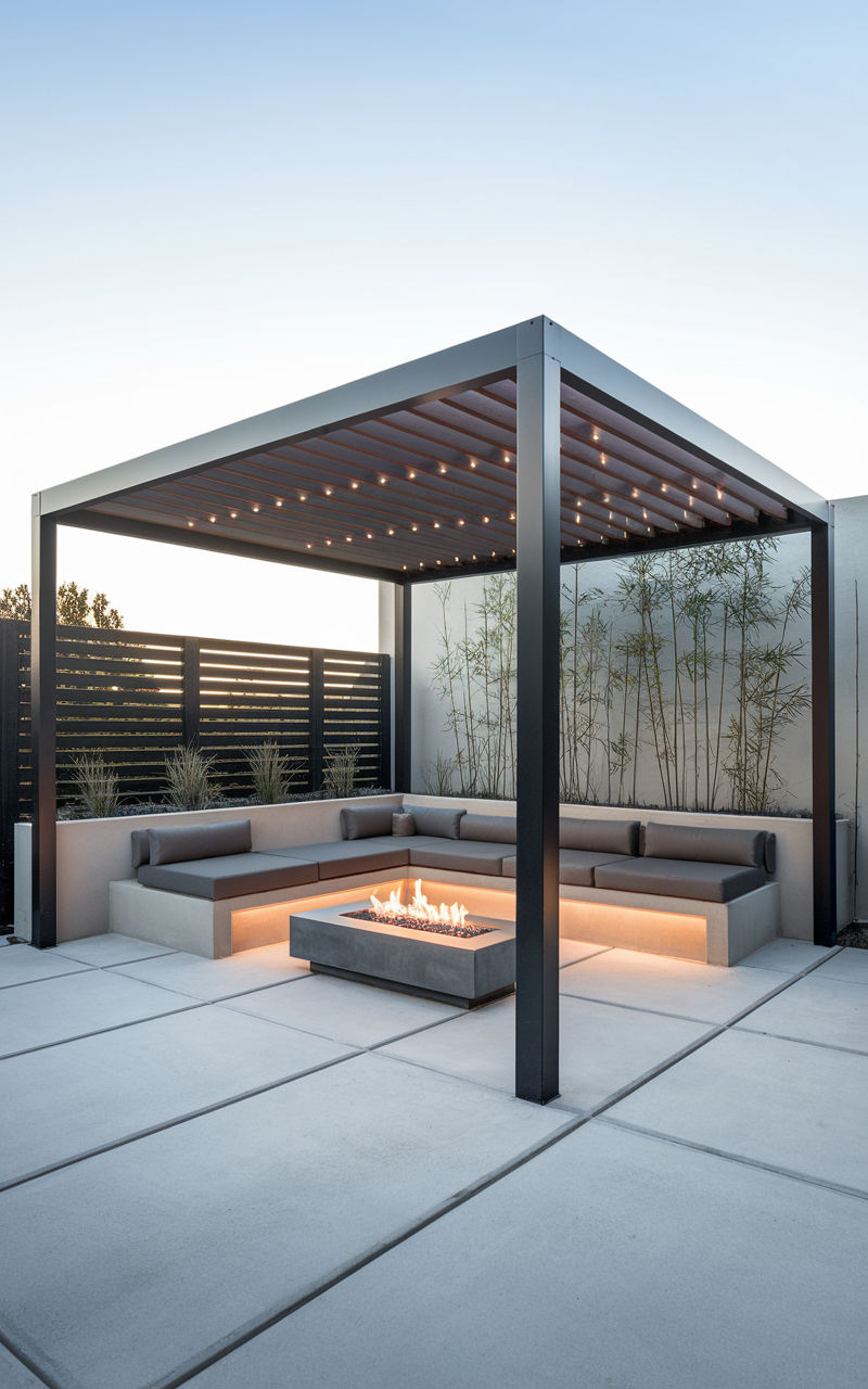 Pérgola bioclimática con lamas abiertas y muebles de exterior en Chicureo